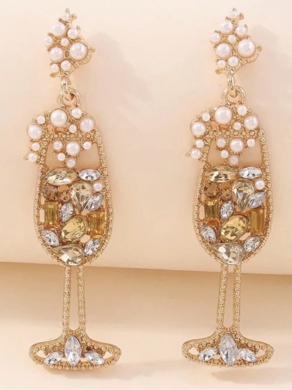 Gold Pearl & Crystal Champagne Glass Drop Earrings - Picture 1 of 3